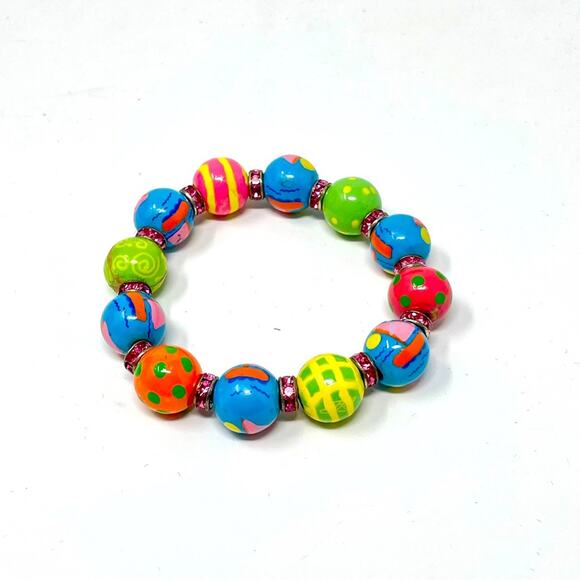 Y2K Wood Bead Stretch Bracelet w/ Pink Rhinestone | Gift Box NWOT - Picture 1 of 6